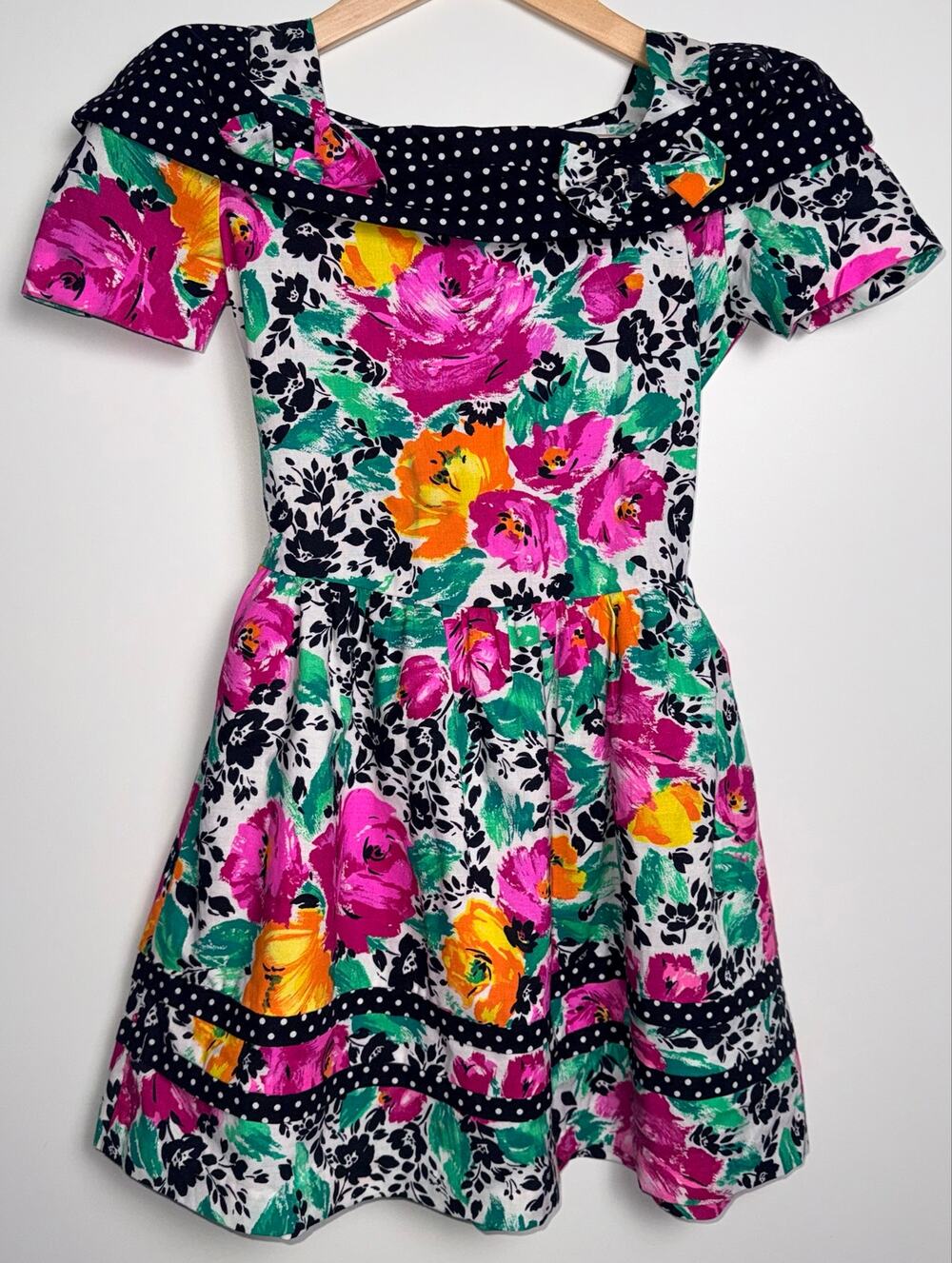 Vintage 80s Little Trotter Girls 8 Floral Polka Dot Party Dress
